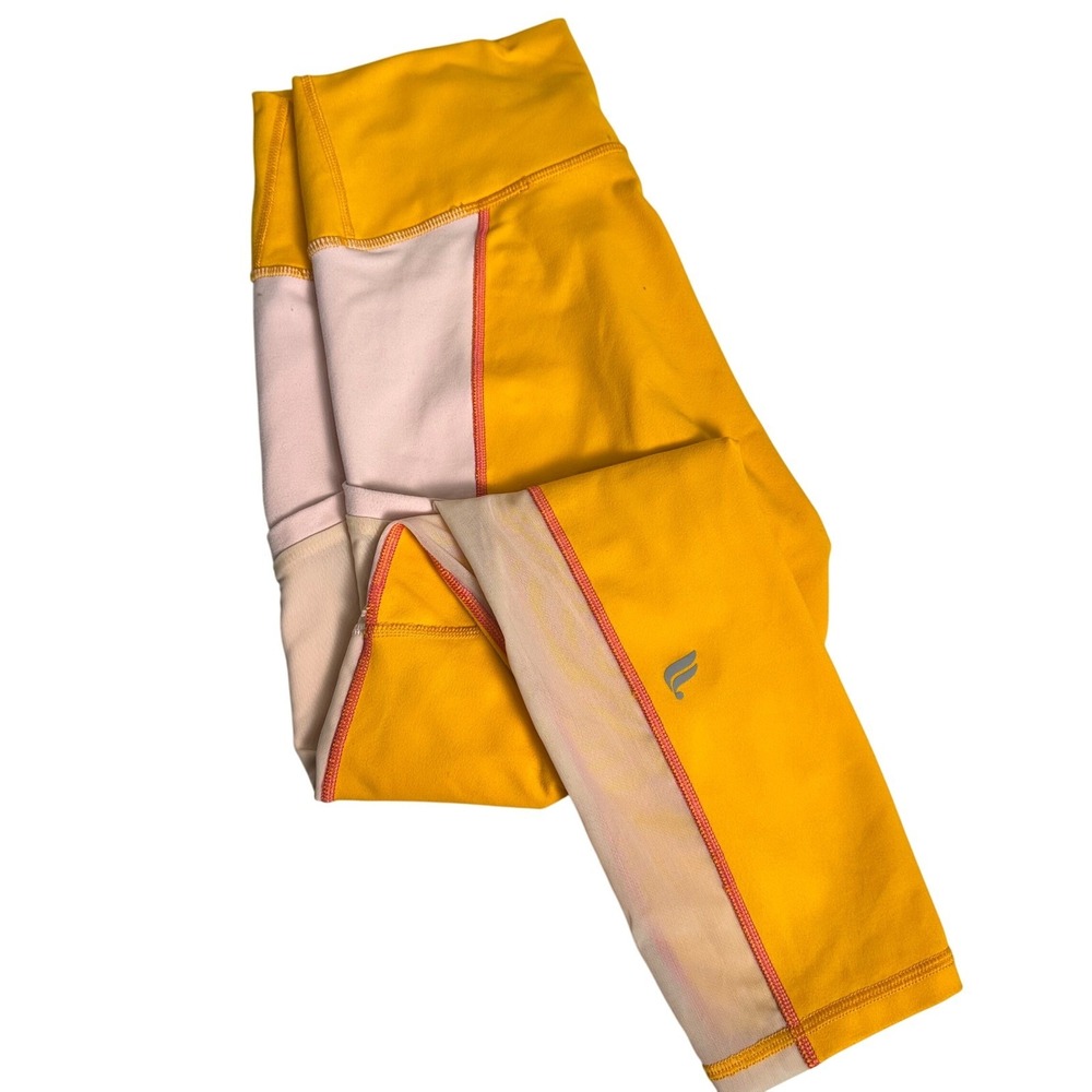 Fabletics PowerHold Capri Leggings High Waist Yellow Pink Colorblock Pockets